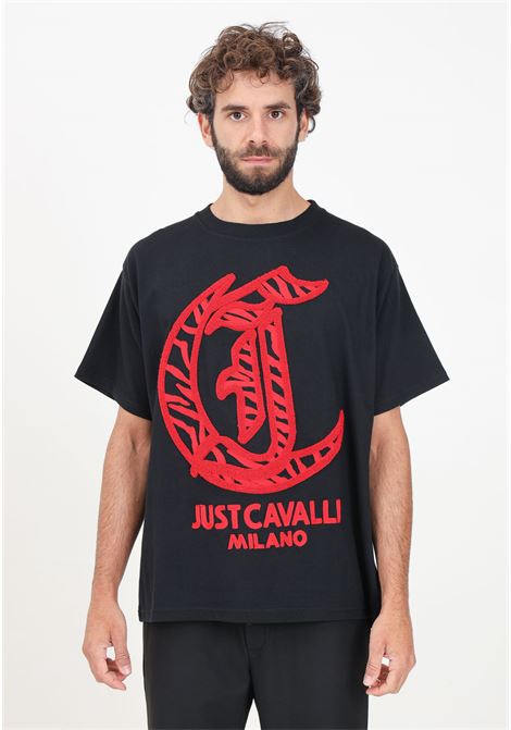 T-shirt a manica corta nera da uomo con stampa logo in spugna JUST CAVALLI | 77OAHA06CJ718899